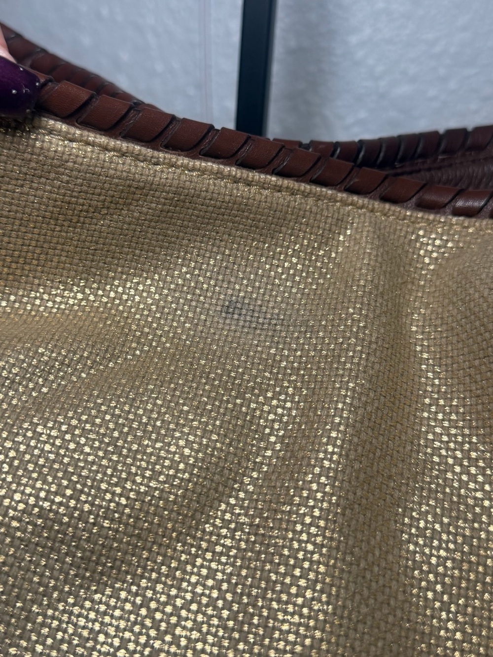 Michael Michael Kors Gold Metallic Canvas Hobo Bag Brown Whipstitch Leather Trim - Picture 2 of 14